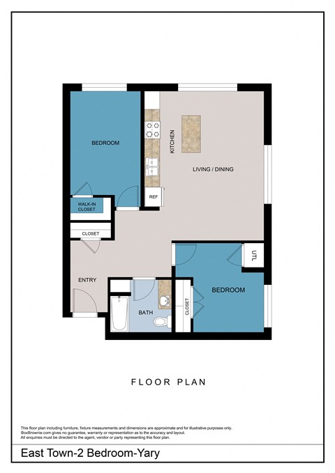 Floor plan for 2 beds, 1 bath, 730 sqft